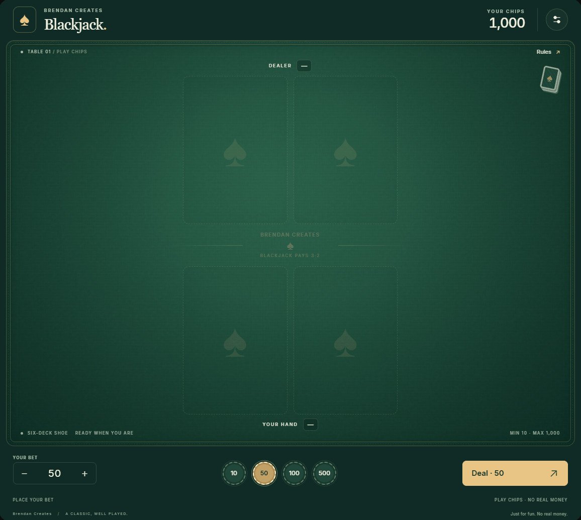 Blackjack table with green felt, chip controls, and a Deal button